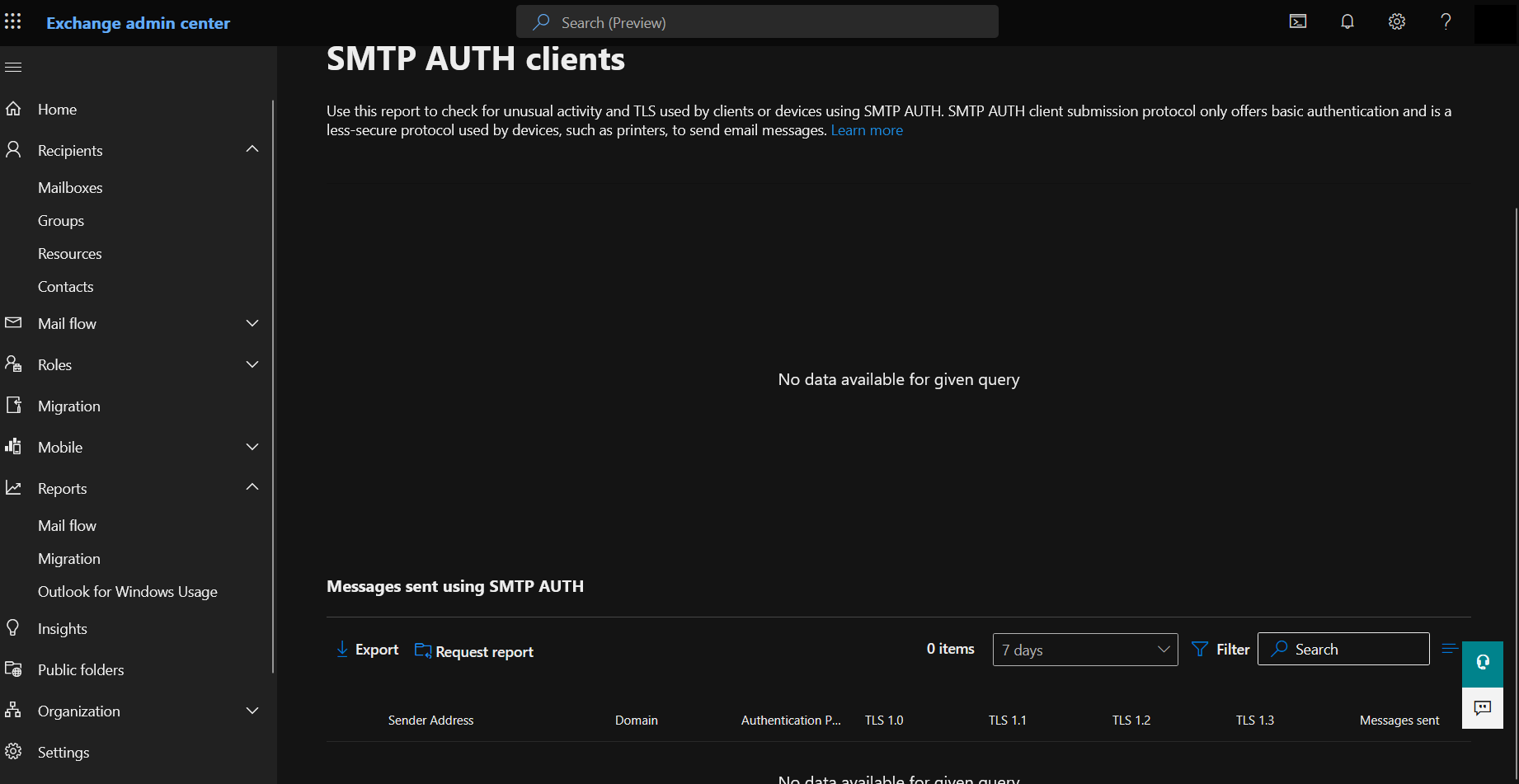 Exchange admin centre, Reports, Mail flow, SMTP AUTH clients report, with profile identity redacted