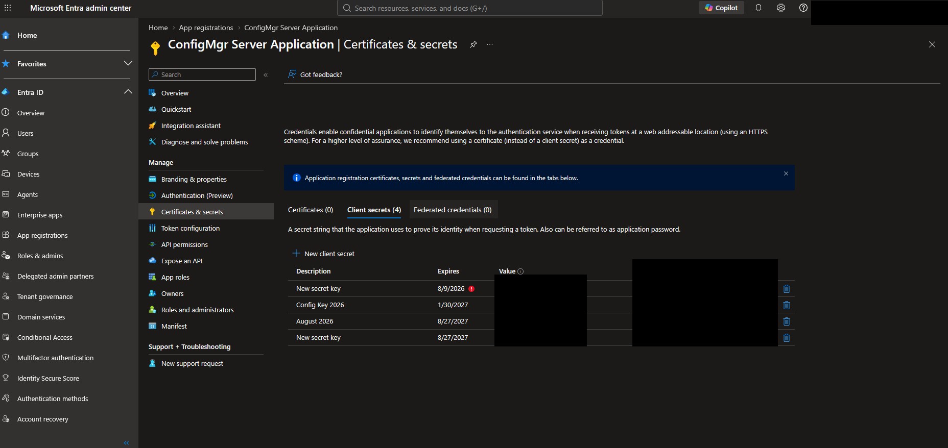 Microsoft Entra admin centre, App registrations, Certificates and secrets, Client secrets tab, with secret values and IDs redacted