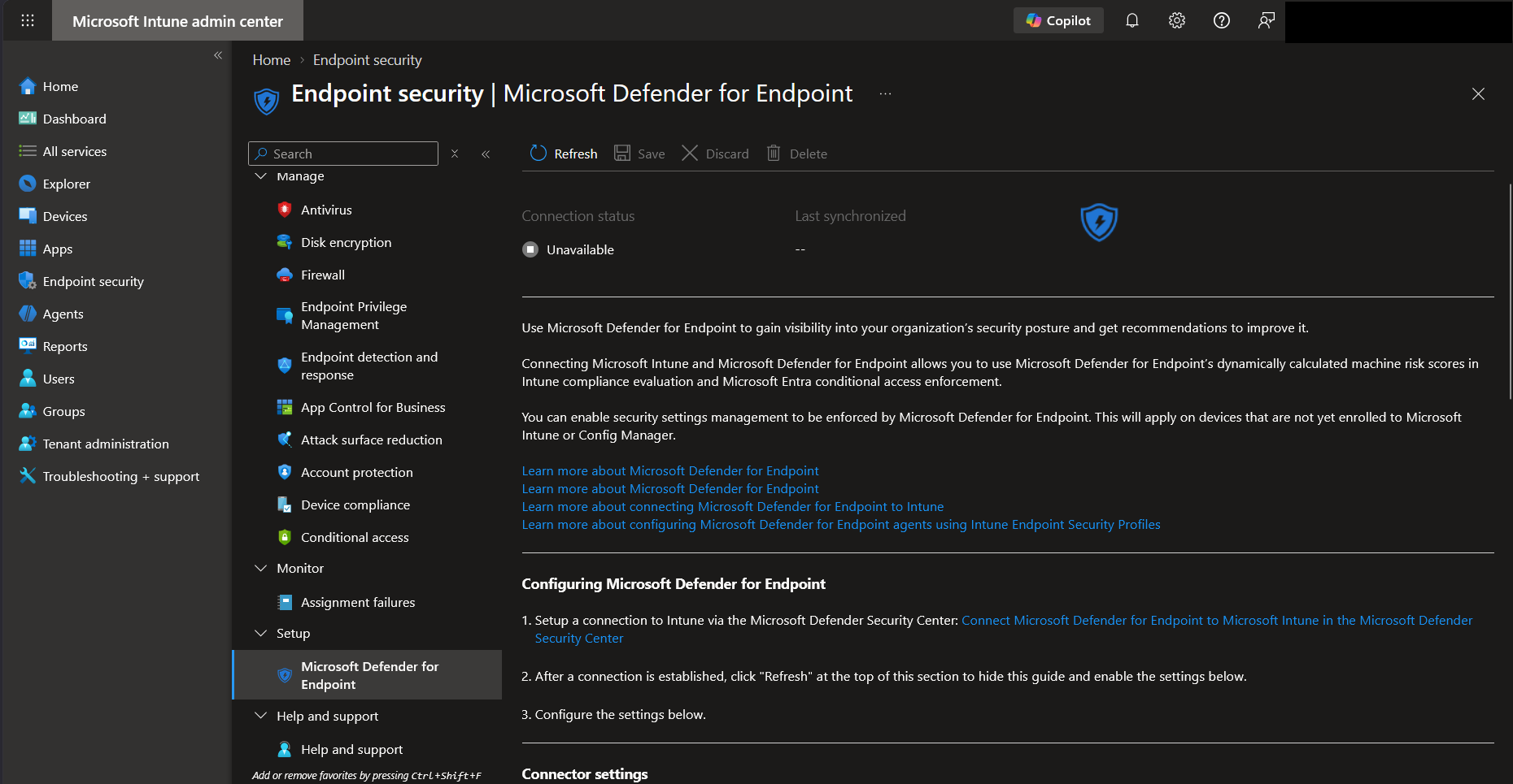 Microsoft Intune admin centre, Endpoint security, Microsoft Defender for Endpoint connector, with tenant identity redacted