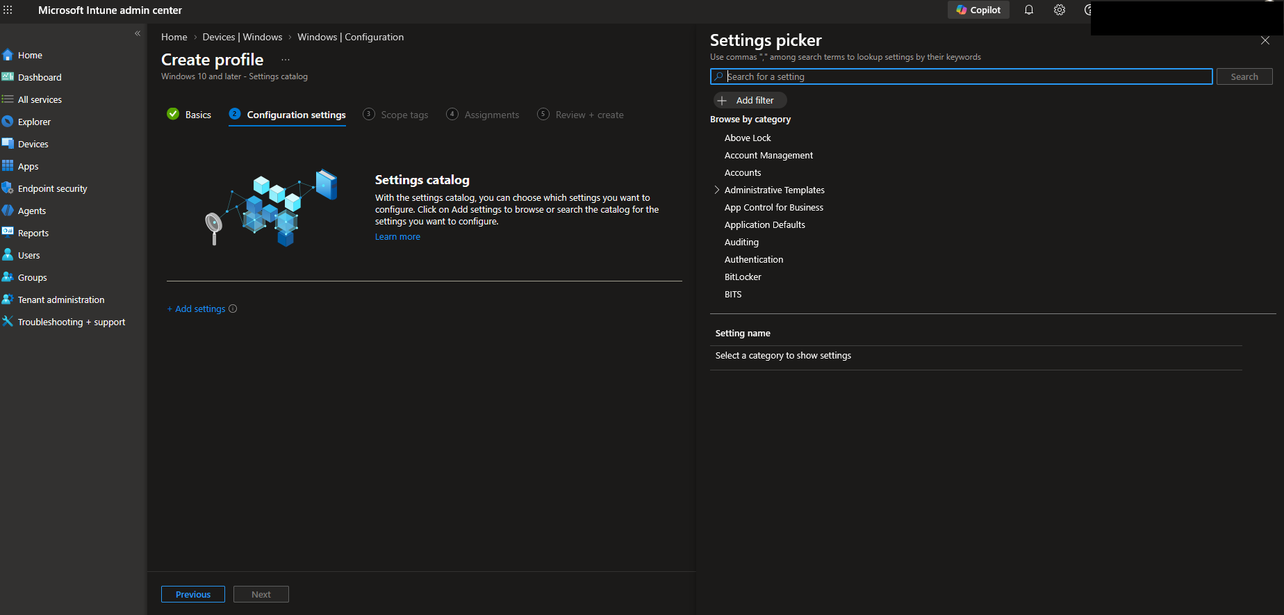 Microsoft Intune admin centre, Devices, Configuration, Create profile, Settings catalog, with the settings picker open and tenant identity redacted