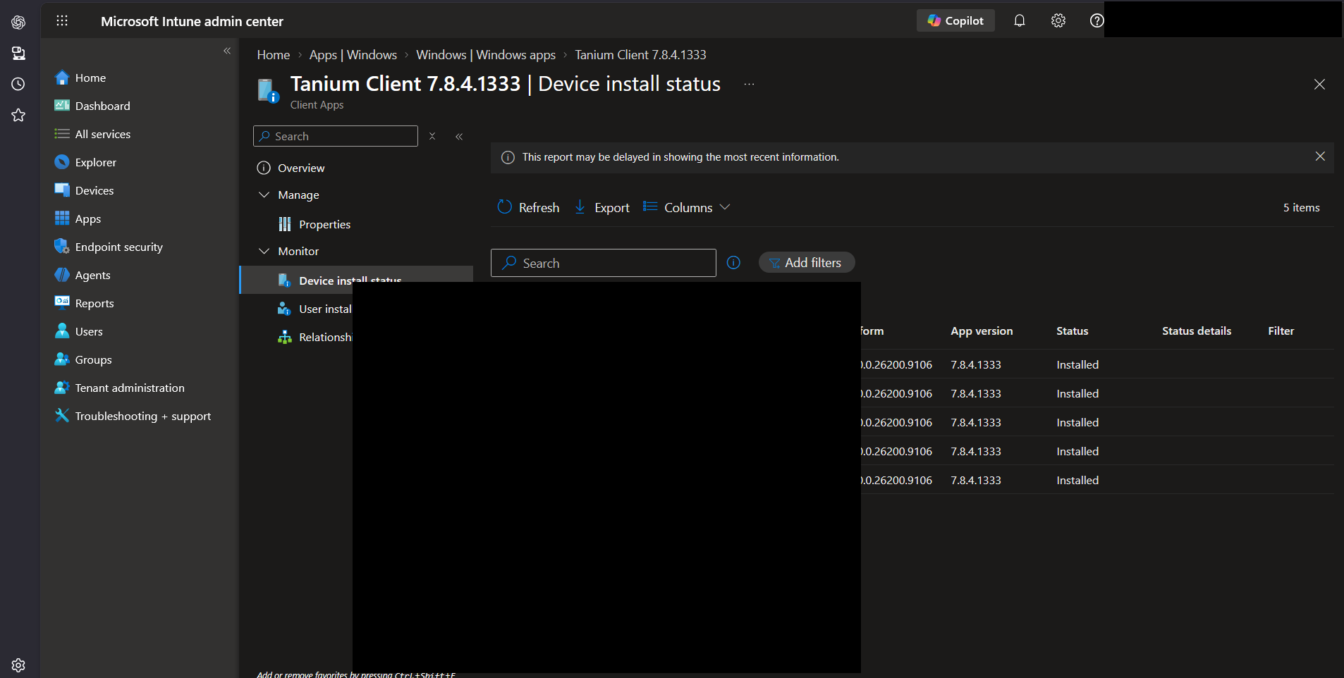 Microsoft Intune admin centre, Apps, Windows, Device install status, with device names and UPNs redacted